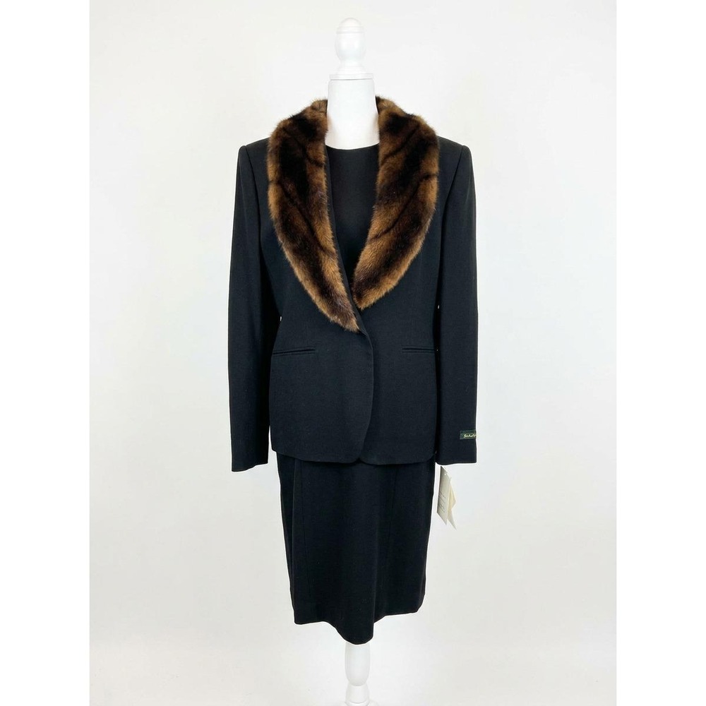Vintage 1990s Lauren Ralph Lauren Wool Dress Suit Set Size 10 NWT Faux Fur